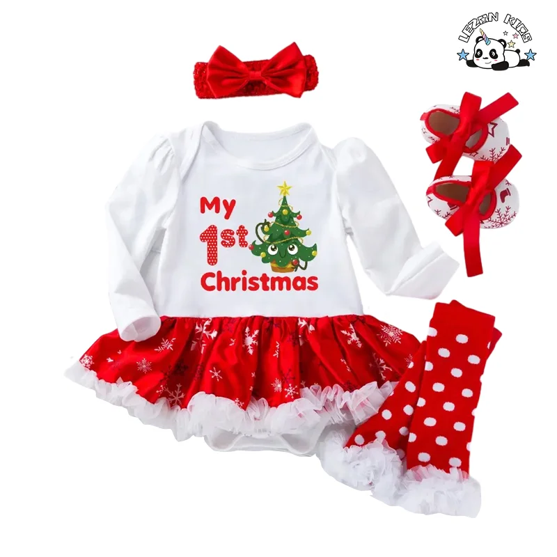 LEZONKIDS - Conjunto de Vestido de Natal de Inverno Personalizado para Bebê Menina Manga Longa Cartoon Vestido 4 Peças Conjunto de Sapatos Meias para Roupas de Bebê Menina